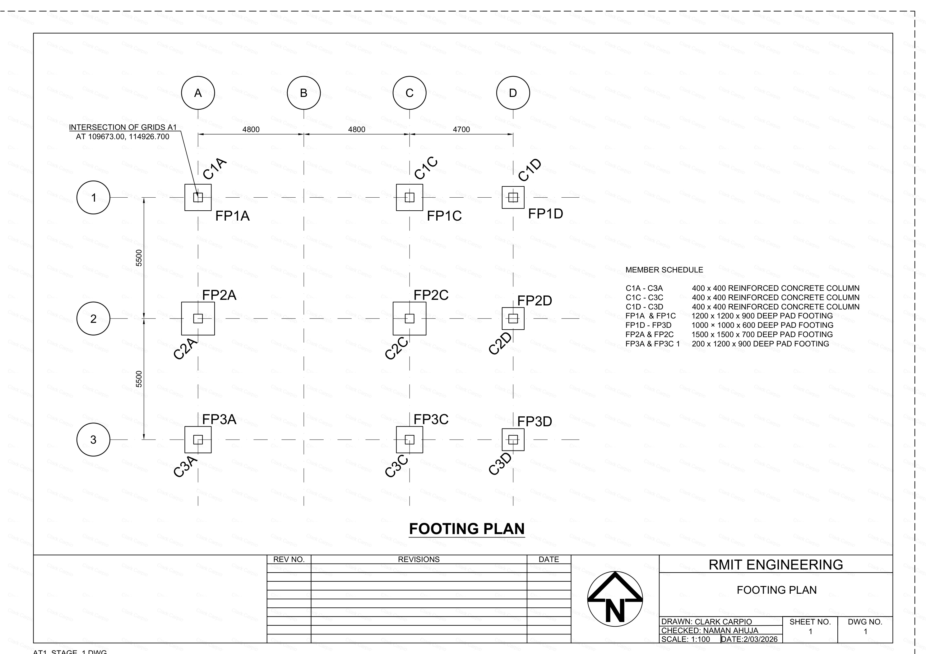 Reinforced concrete footing plan drawing