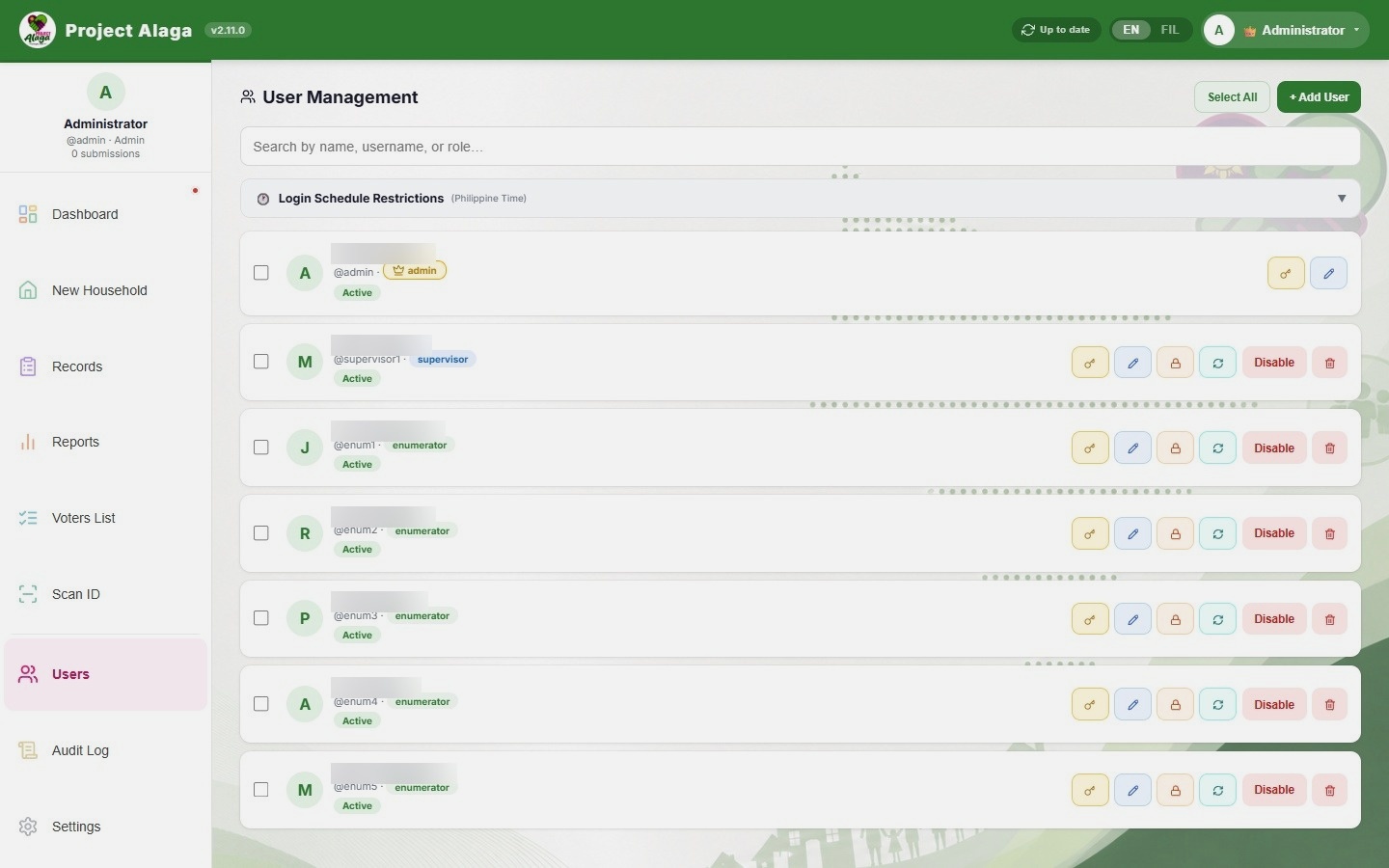 User Management panel