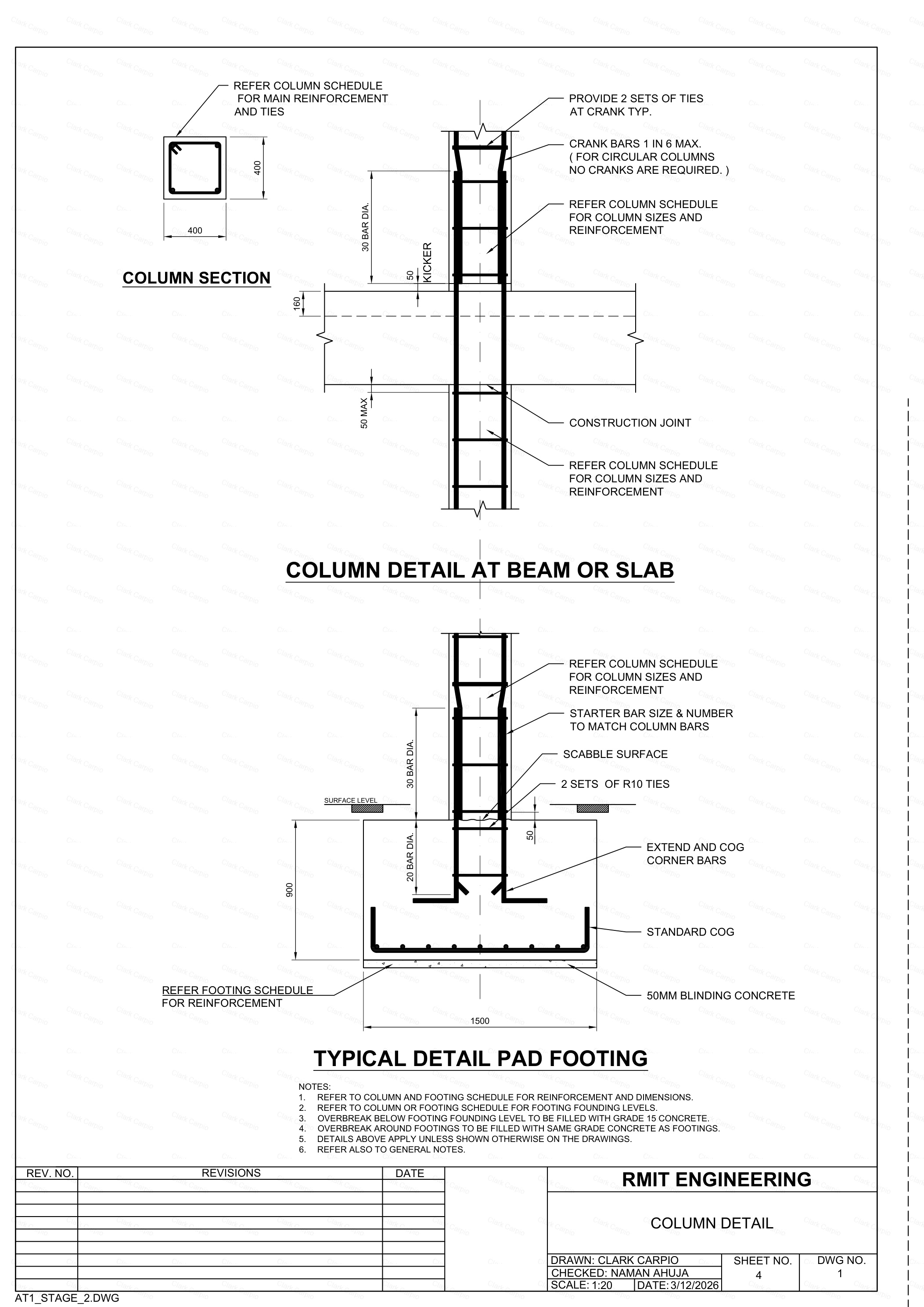 Column detail — reinforcement, kicker, crank bars, and pad footing section