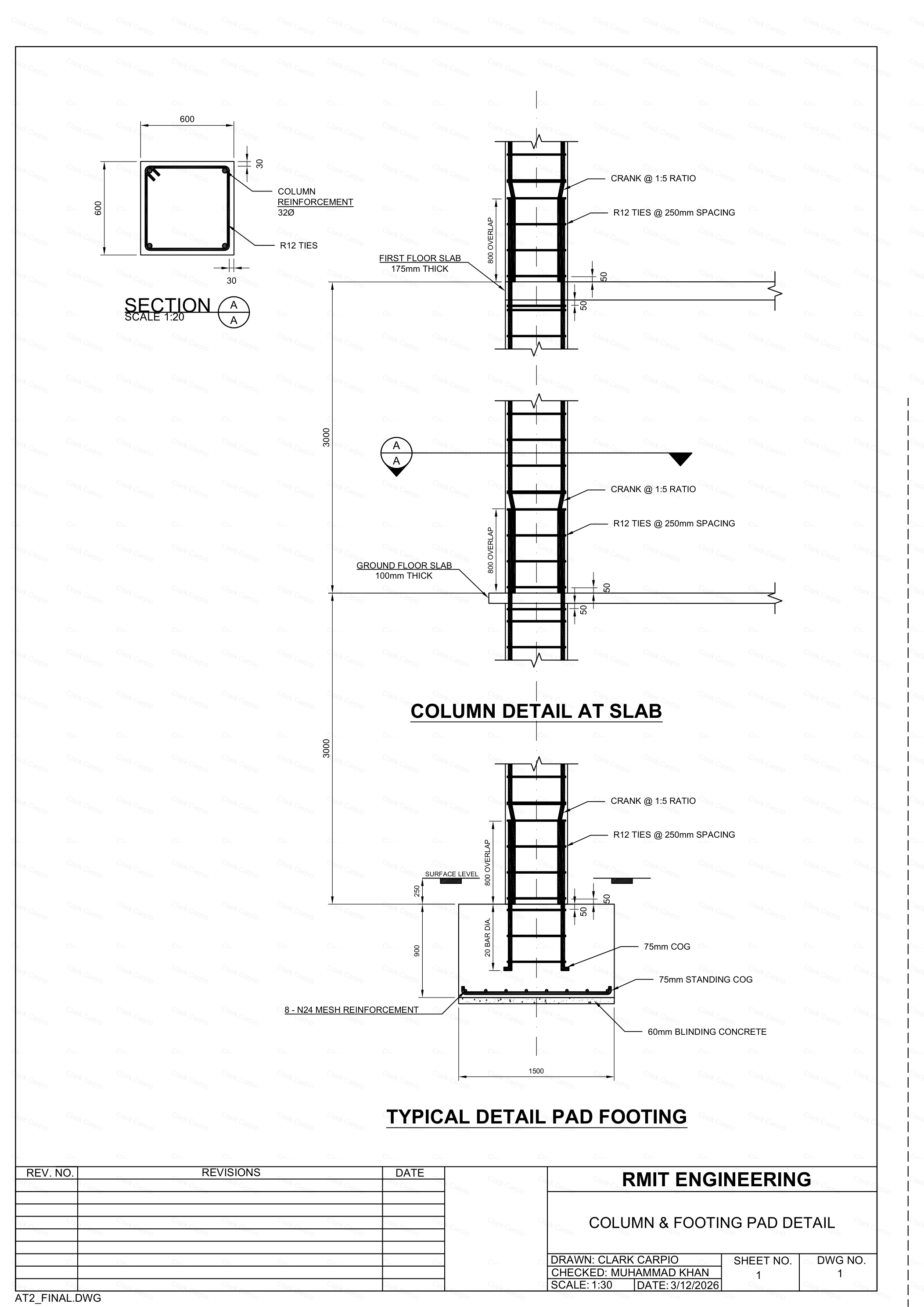 Final column and pad footing detail — floor-to-floor reinforcement and footing construction