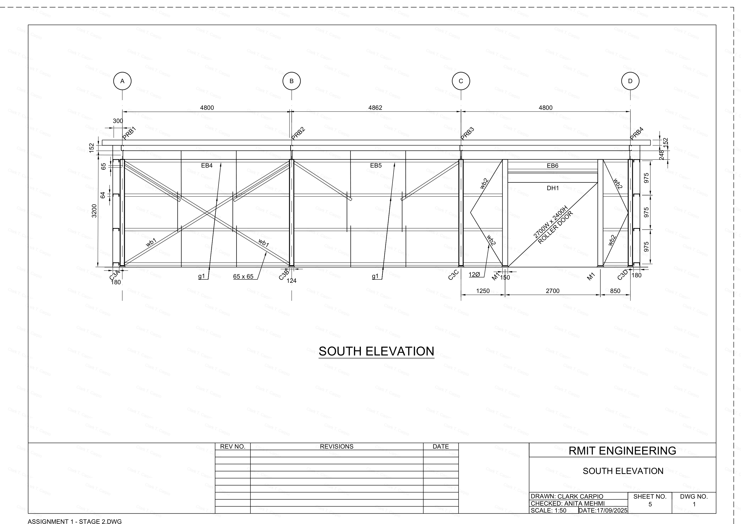 South Elevation — roller door opening with diagonal bracing