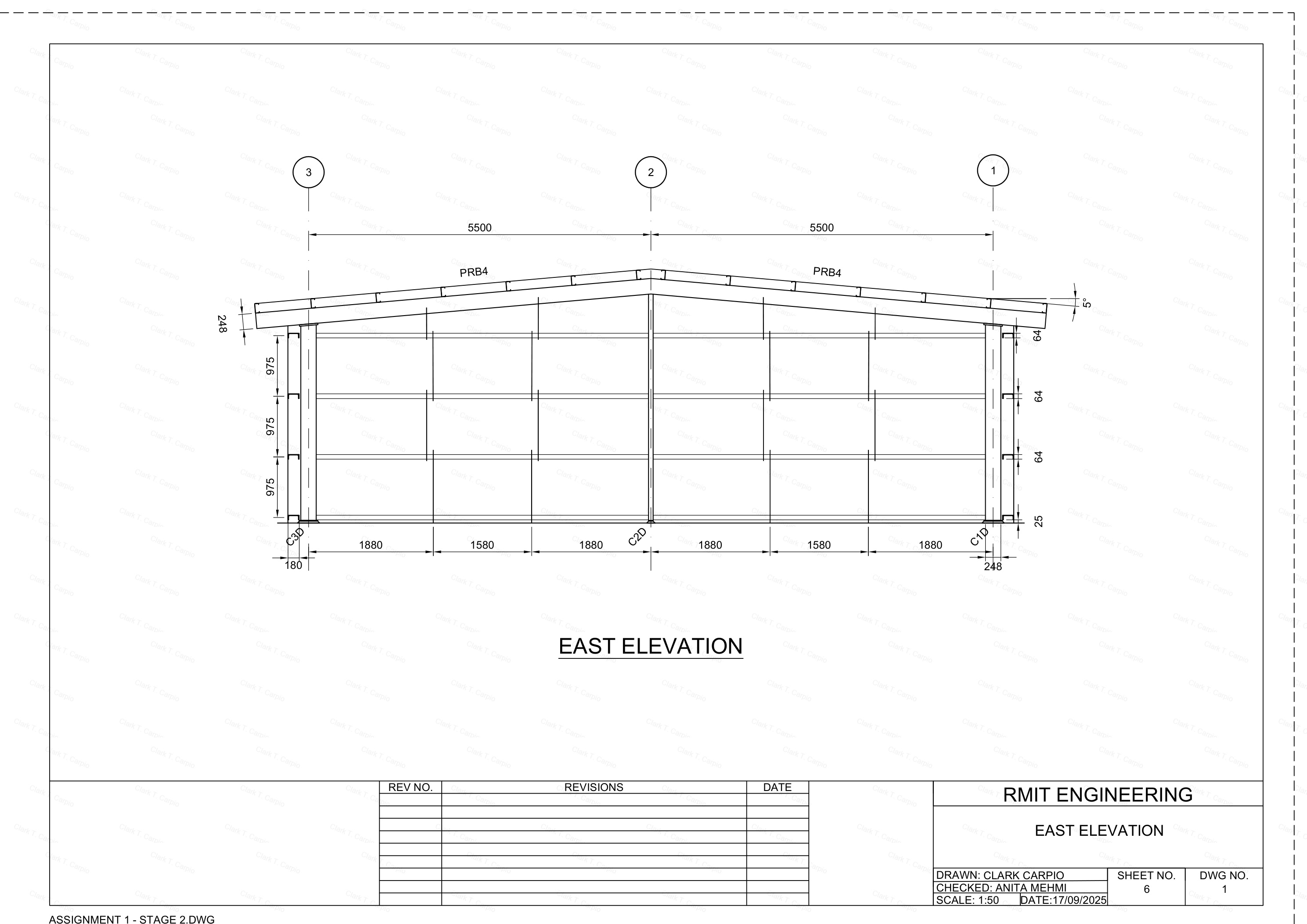 East Elevation — tapered portal rafter at 5° pitch with purlin layout