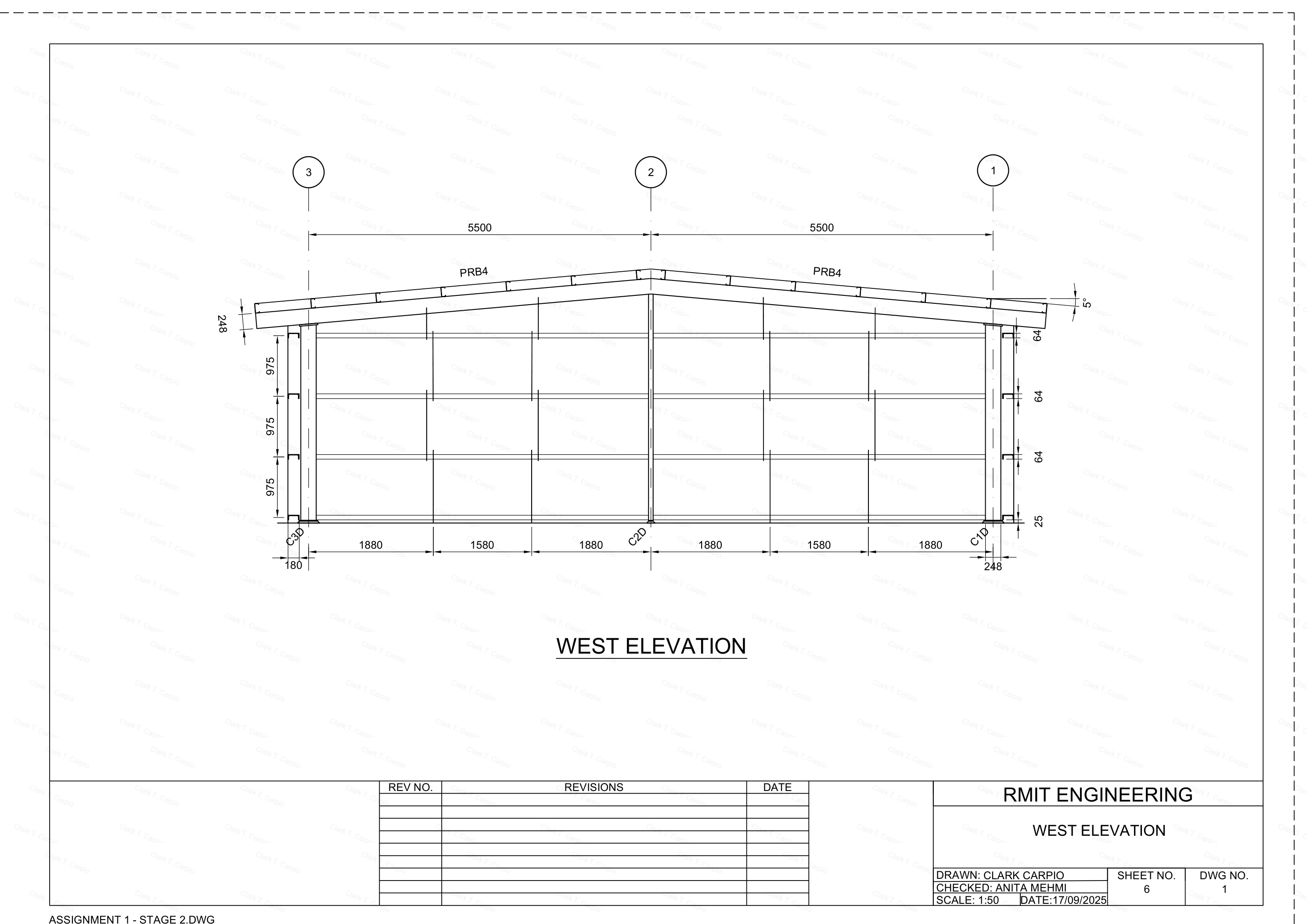 West Elevation — mirror of East, confirming symmetrical frame geometry