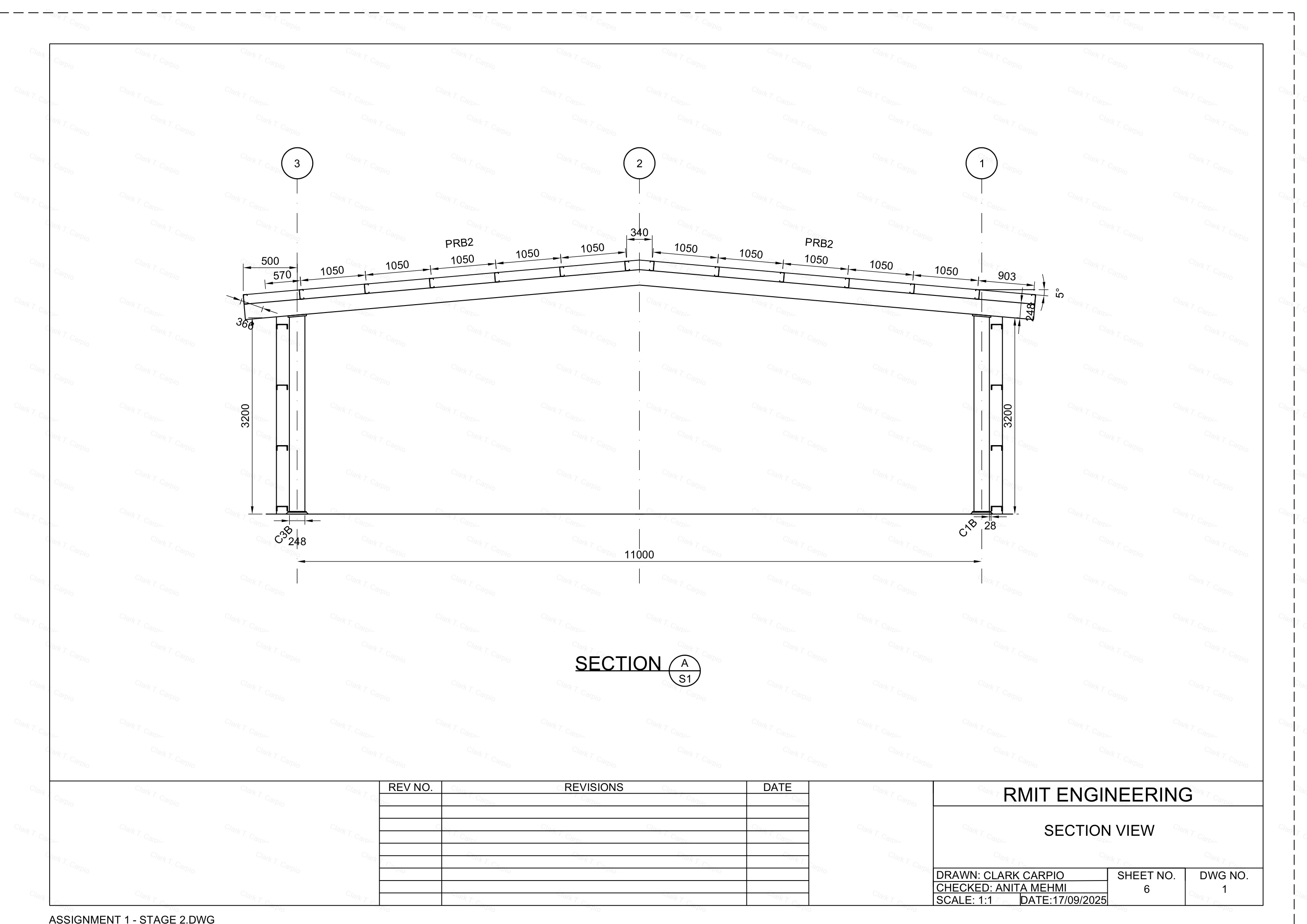 Section A-A — full-height cross section at 11 000 mm eave with purlin spacings