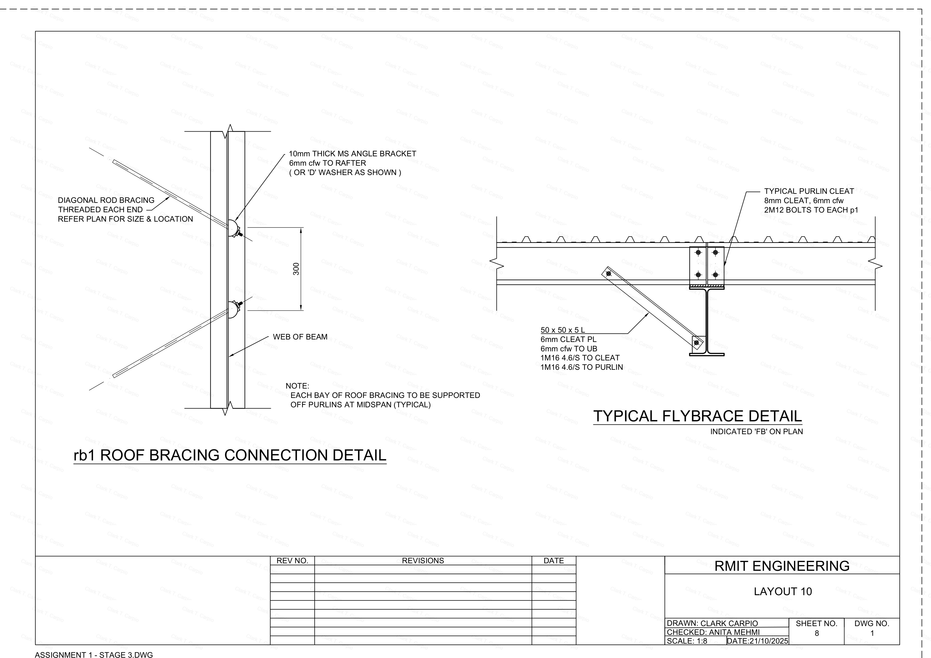 RD1 roof bracing connection detail and typical flybrace detail