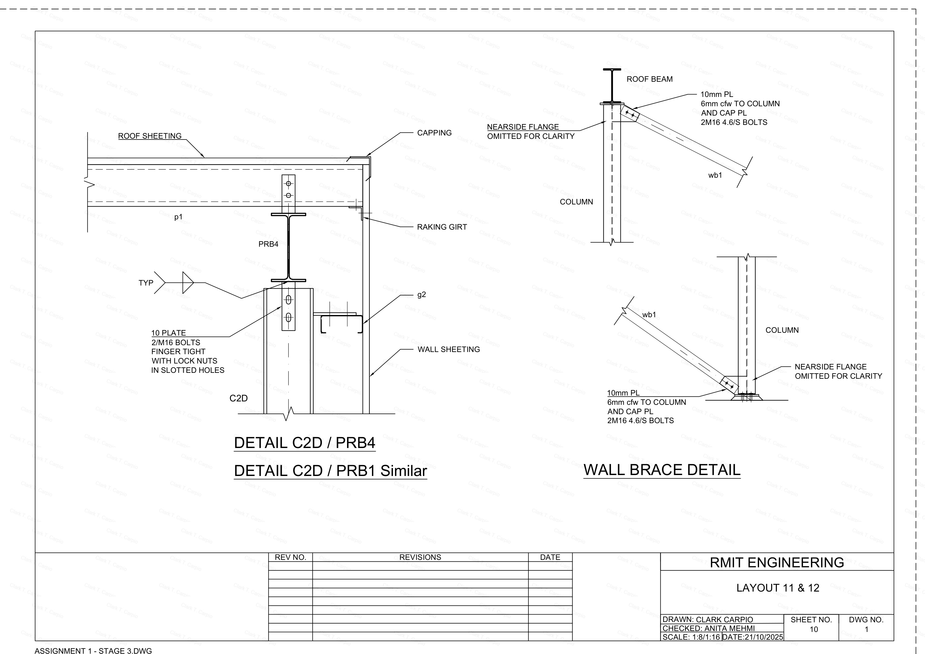 Girt-to-column connection detail C2D/PRB4 and wall brace gusset plate detail